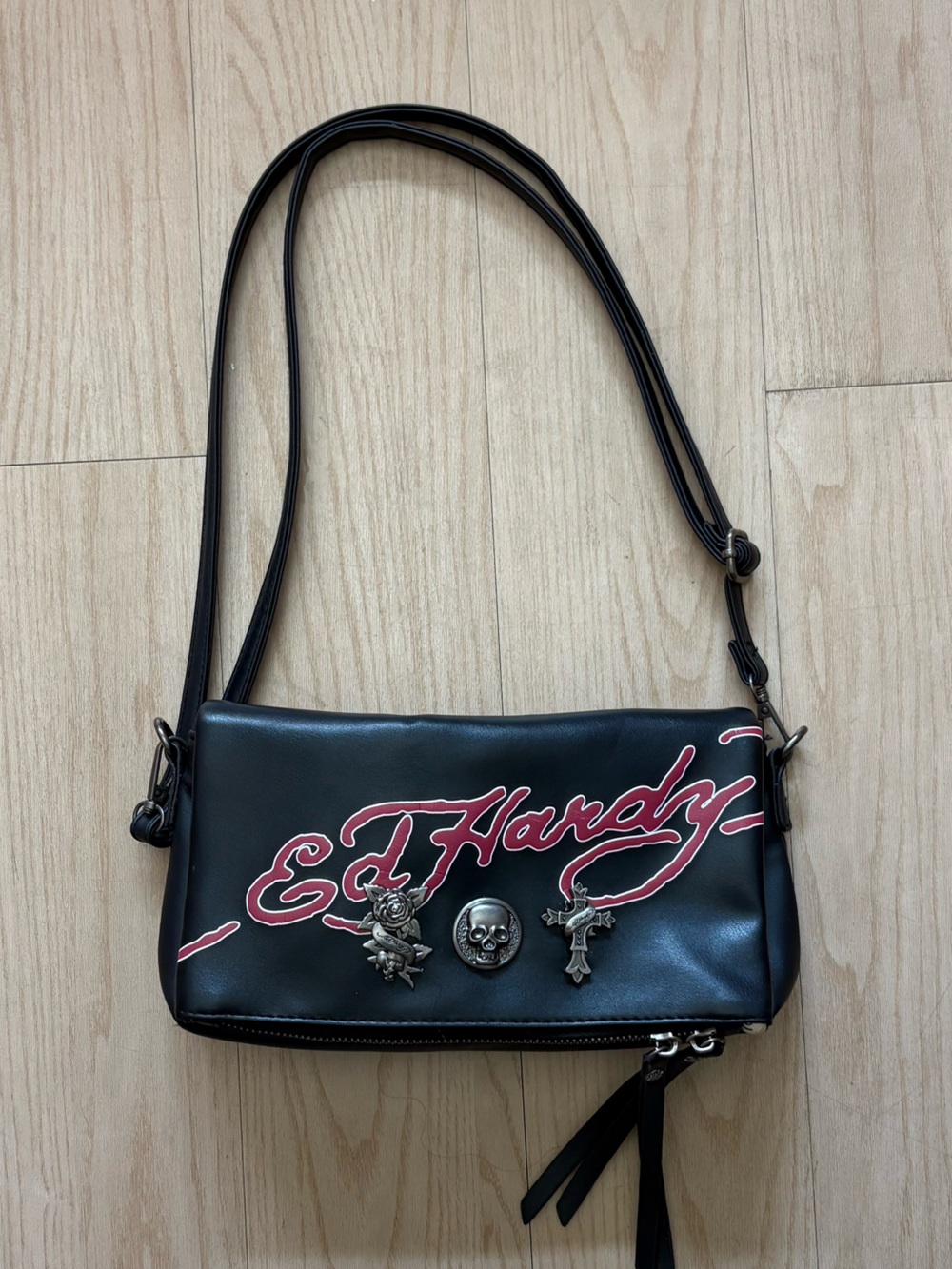Ed Hardy Black Crossbody with Pink Script and Metal Charms